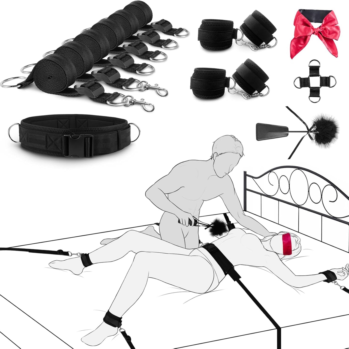 Sex Toys BDSM Bondage Restraints Sex Harness Adjustable Bed Restraints Sex Straps Kit Sex Sling Handcuffs Cross Strap Blindfold Tickler Feather Bondage Gear & Accessories Adult Couples Sex Games