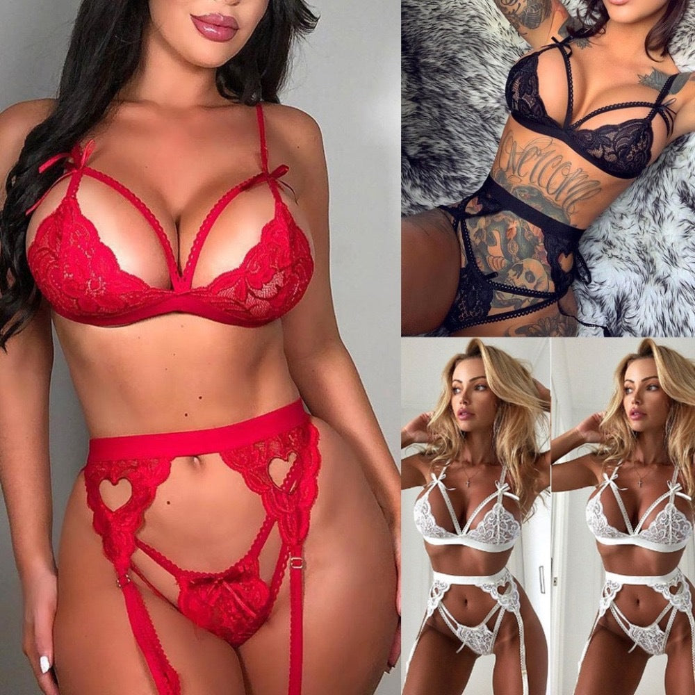 Women Lingerie Sets with Garter Belt 2 Piece Lace Teddy Babydoll Bodysuit