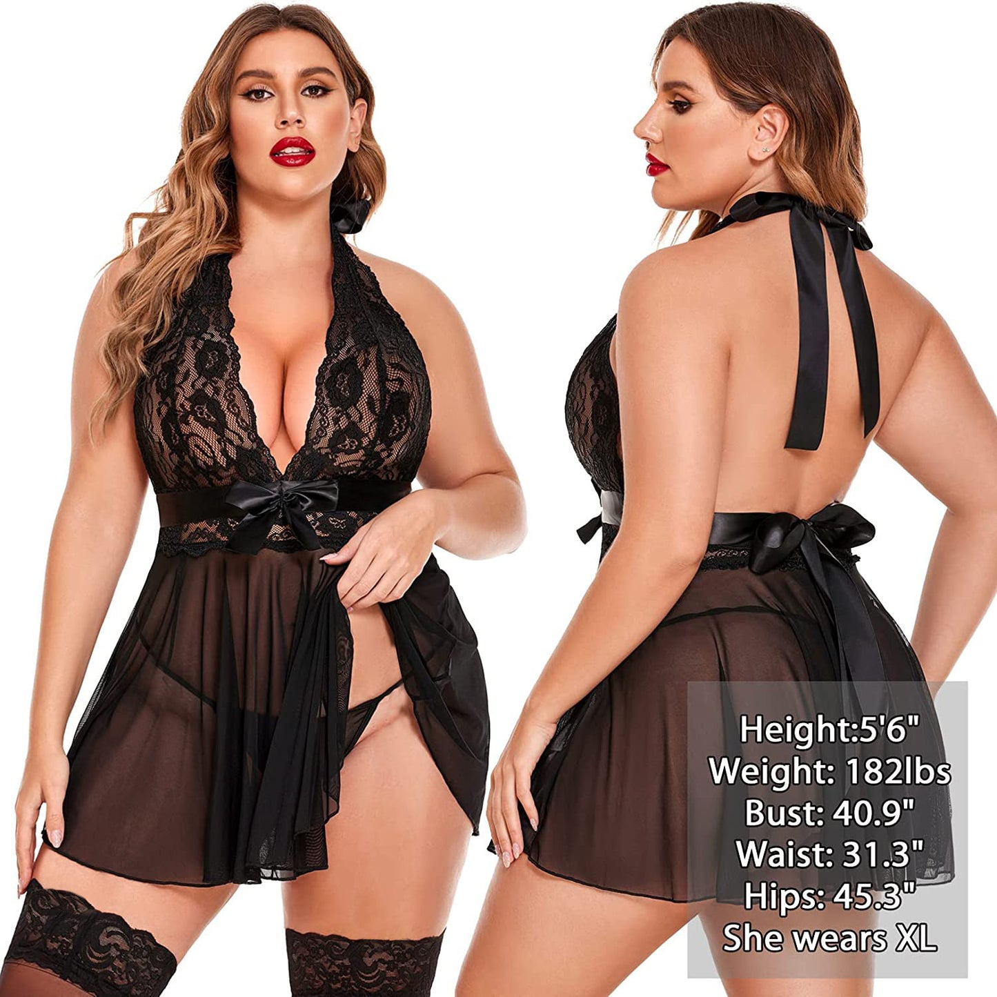 Sexy Mesh Nightgown with Bow Neckline - Women's Erotic Lingerie Pajama Set | Sheer See-Through Chemise & G-String Panty for Boudoir & Honeymoon