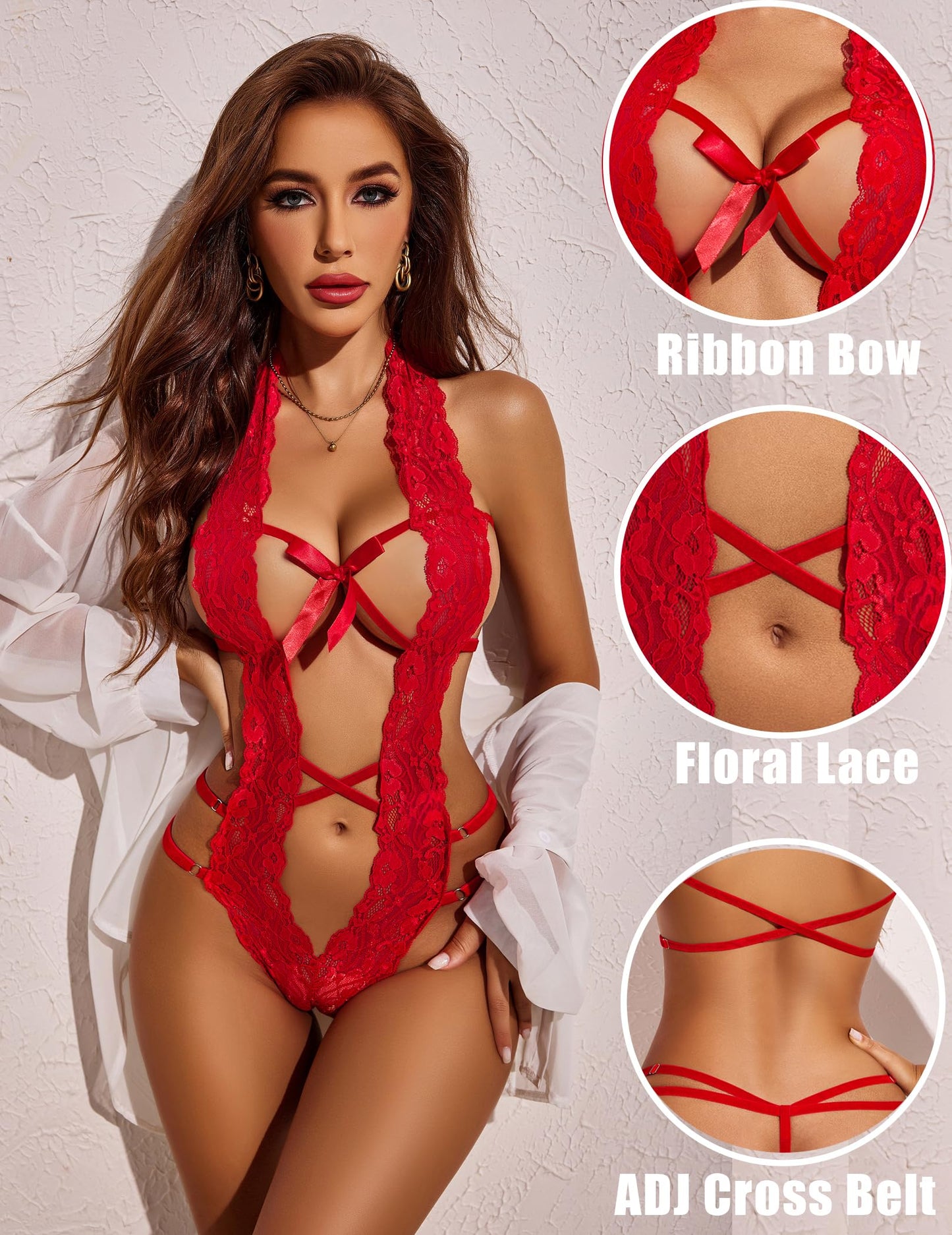 Women Deep V Halter Lingerie Teddy One Piece Bodysuit Lace Babydoll