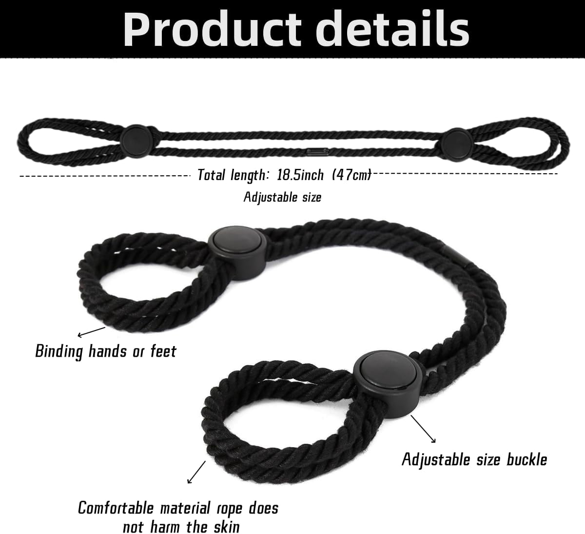 ope Handcuffs Bracelets 2 Pcs Sex Restraints Ankle Cuffs BDSM Bondage Adjustable Handcuffs Anklets Sex Toys Cotton Ropes Wrist Cuffs Beginner Fetish Adult SM Game for Women (Black)