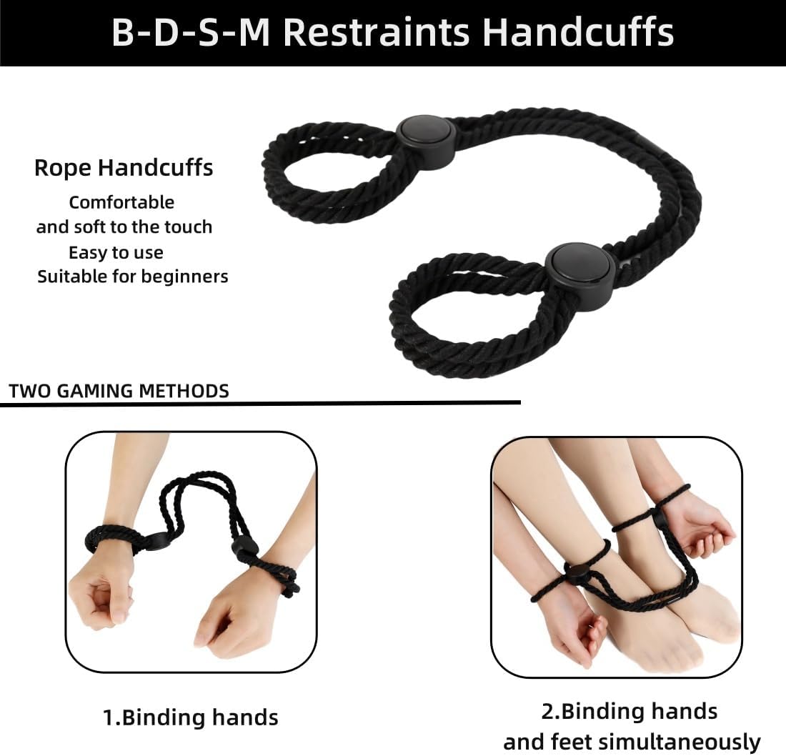 ope Handcuffs Bracelets 2 Pcs Sex Restraints Ankle Cuffs BDSM Bondage Adjustable Handcuffs Anklets Sex Toys Cotton Ropes Wrist Cuffs Beginner Fetish Adult SM Game for Women (Black)
