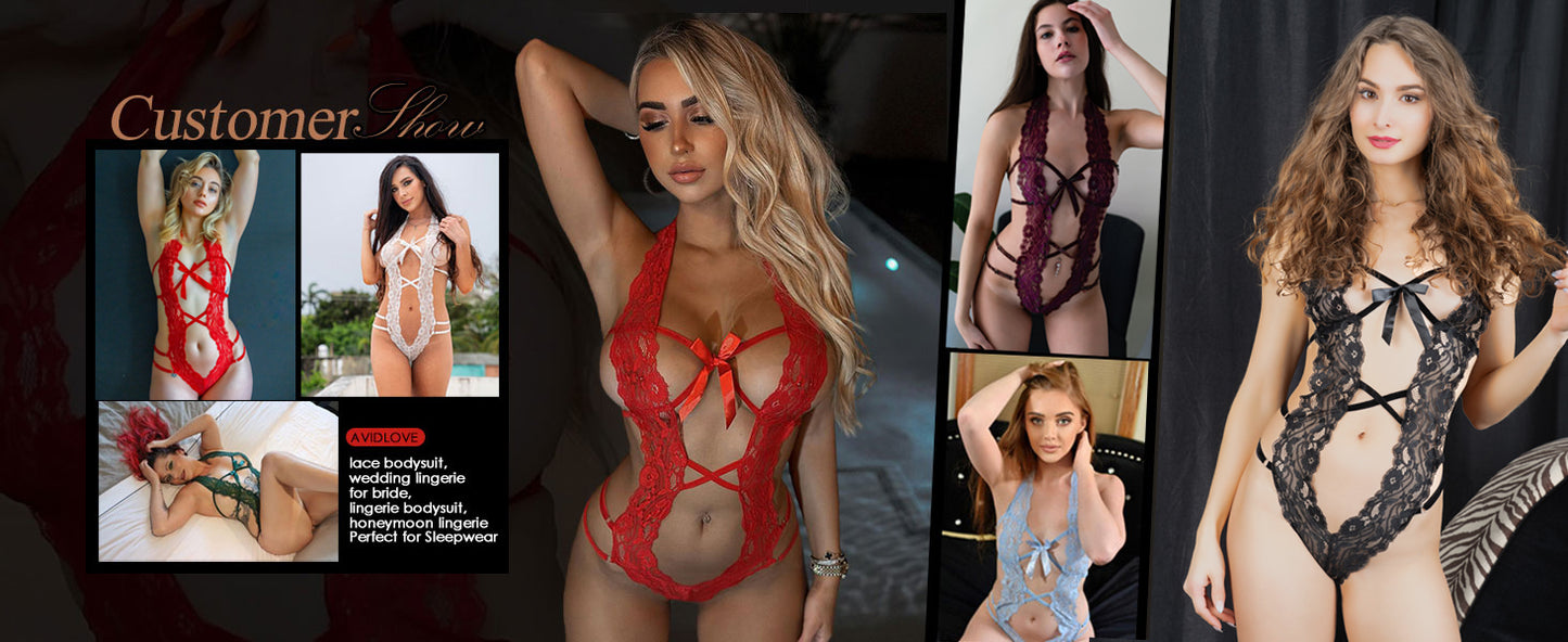 Women Deep V Halter Lingerie Teddy One Piece Bodysuit Lace Babydoll