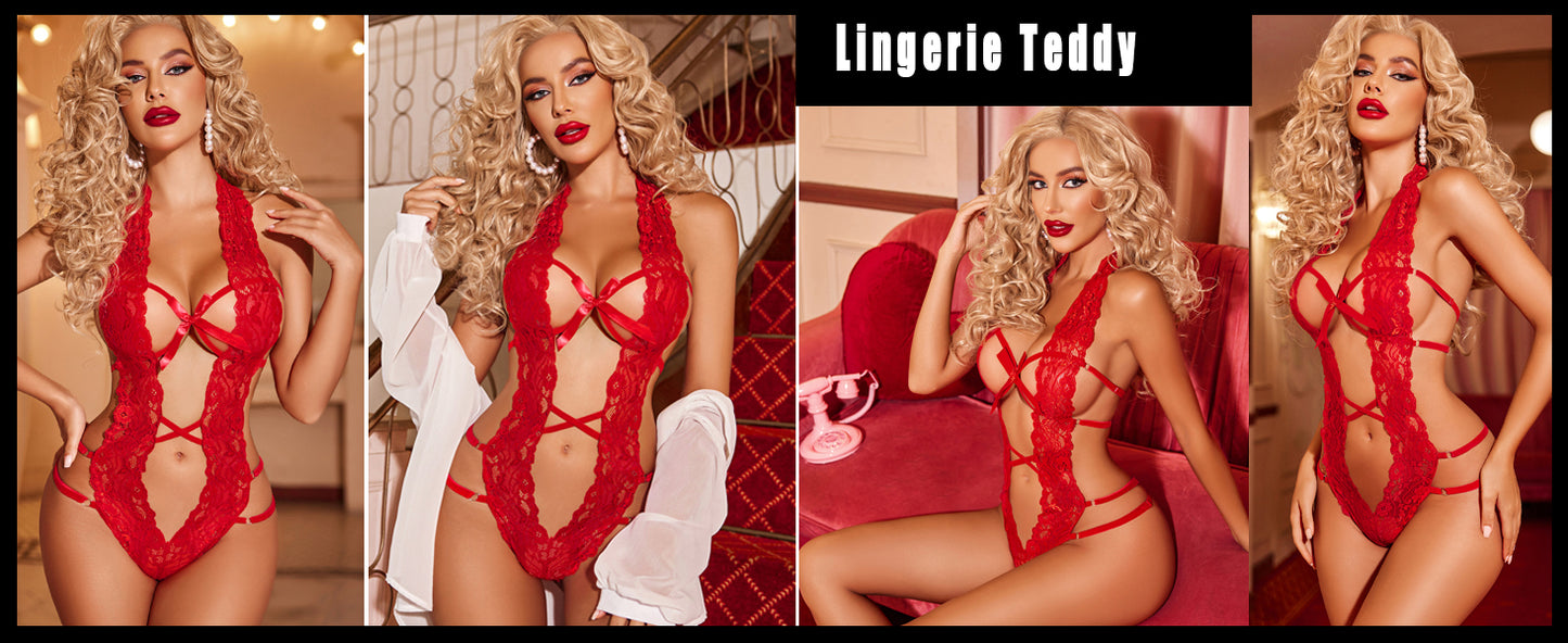 Women Deep V Halter Lingerie Teddy One Piece Bodysuit Lace Babydoll