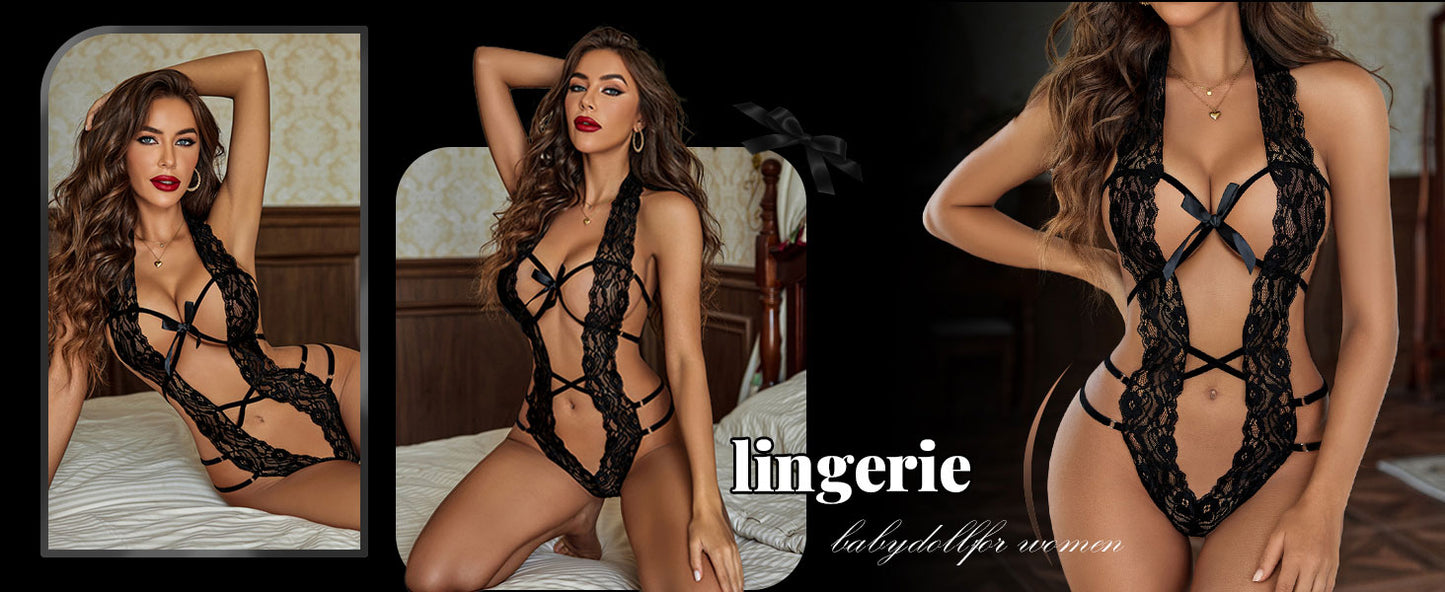 Women Deep V Halter Lingerie Teddy One Piece Bodysuit Lace Babydoll